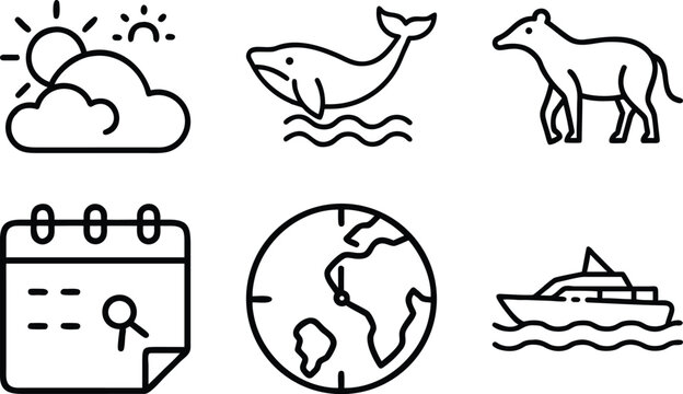 Cruise ship and wildlife nature icons with whale tapir and global time zone world map art.