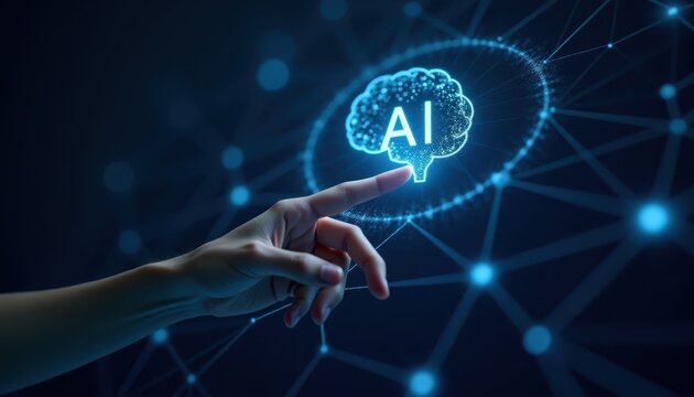 A human finger touching a glowing ai brain surrounded by a digital network of blue nodes lines
