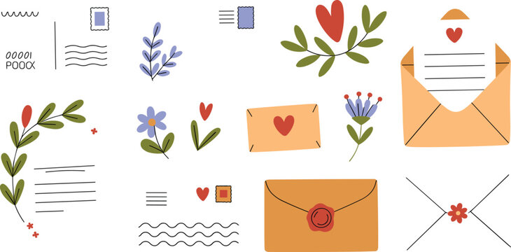 Romantic Snail Mail and Vintage Love Letter Vector Element Set Featuring Envelopes Postcards Heart Wax Seals and Botanical Floral Doodles for Wedding Stationery