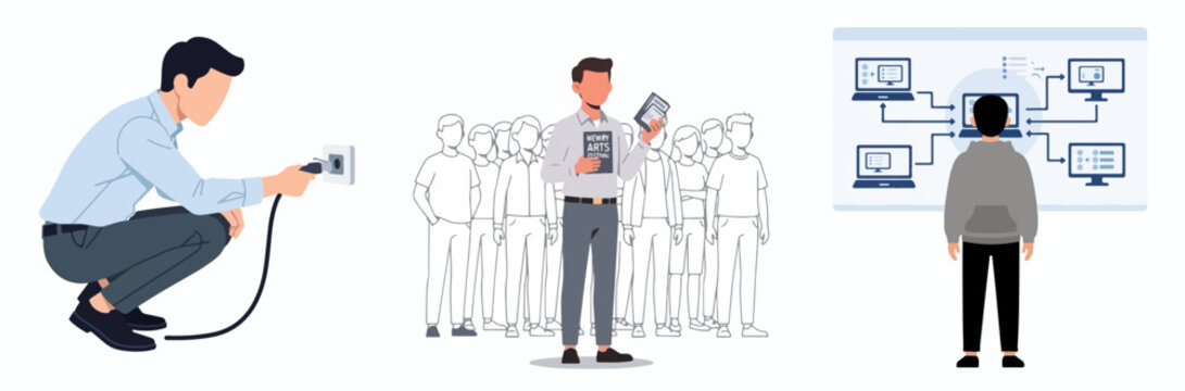 Professional working with electrical panel, presentation, and remote IT support