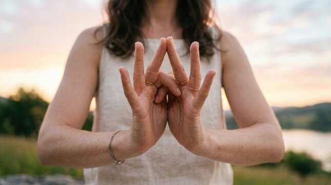 Close up shot of woman hands in apana mudra or gesture of self energy for meditation and healing.