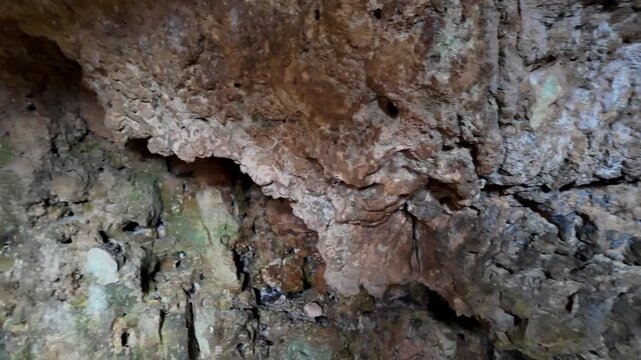 Xemxija, Malta 29.07.2026 - Heritage trail, Roman Baths, shelf like cut in the stone Dark cave walls show rough, textured surfaces. Greenish moss grows on damp, uneven stone. Light filters through nar