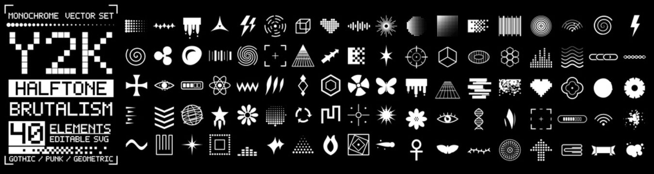 Collection of 40 editable monochrome vector symbols featuring halftone patterns, pixel art, geometric shapes, abstract icons, spirals, stars, waves and brutalist gothic punk design elements.