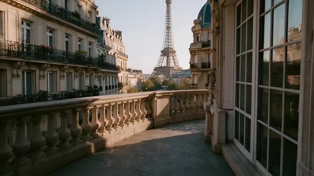 Paris, France, Europe. A panoramic view of a Parisian cityscape shows the Eiffel Tower in the background. The scene is captured from a balcony.