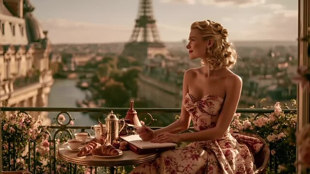 Paris, France, Europe. A vivid portrayal of a woman seated at a balcony overlooking the Eiffel Tower in Paris, France.