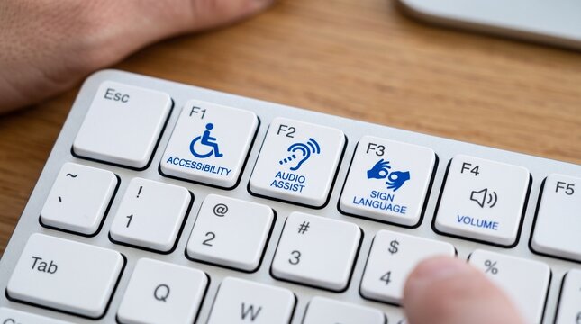 Computer keyboard with accessibility keys. Assistive technology for inclusive digital access.