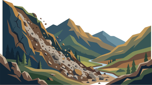 Dramatic landslide disaster illustration showing slope failure and falling rocks in a mountain landscape with soil