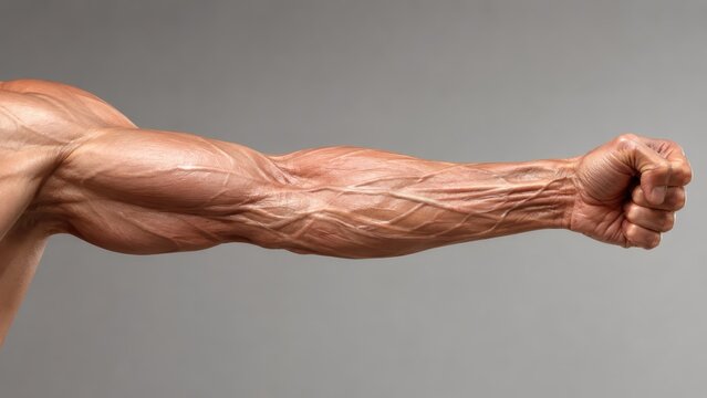 Powerful Biceps and Forearm: A close-up shot showcases the impressive musculature of a flexed arm, highlighting the definition of biceps and the vascularity of the forearm.