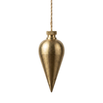 Brass plumb bob hanging from a thin cord.