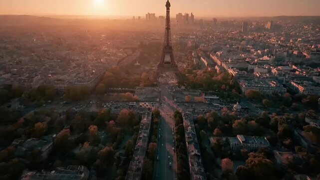 Paris, France, Europe. A panoramic aerial view of the Eiffel Tower in Paris, France during sunset. The sky is a gradient of warm orange and pink hues.