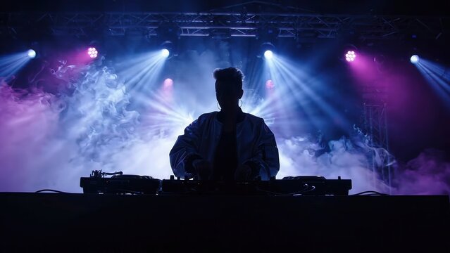 DJ performing on stage with illuminated backdrop, raising hand while mixing music, surrounded by colorful lights and smoke effects in a vibrant nightlife setting