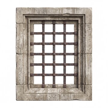A weathered stone window frame featuring a dark, rusty iron grate. Isolated on a white background, perfect for historical, fantasy, or confinement themes.