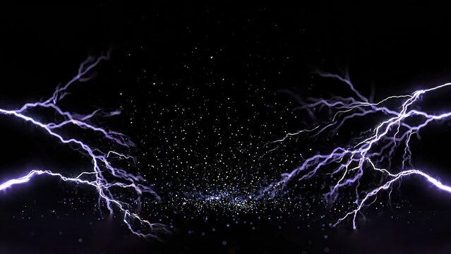 Electric storm with purple lightning bolts branching out, creating a dynamic visual display against a dark background filled with sparkling particles and cosmic elements