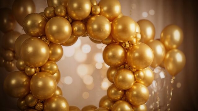 Golden balloon decorations arranged in a festive display, showcasing a circular wreath and clusters of balloons against a softly lit background