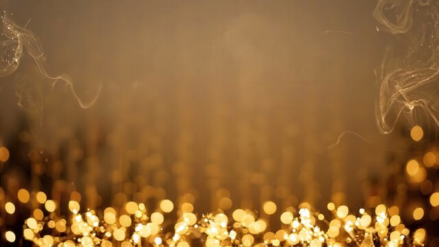 Golden bokeh lights gradually intensify and cascade downwards, creating a shimmering effect against a soft, blurred background in a festive atmosphere