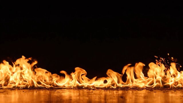 Flames rise and dance in a continuous flow, with sparks flying upward from the burning surface, creating a mesmerizing display of fire and light against a dark background
