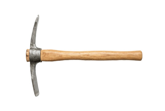 Handheld mining pickaxe with durable wooden handle.