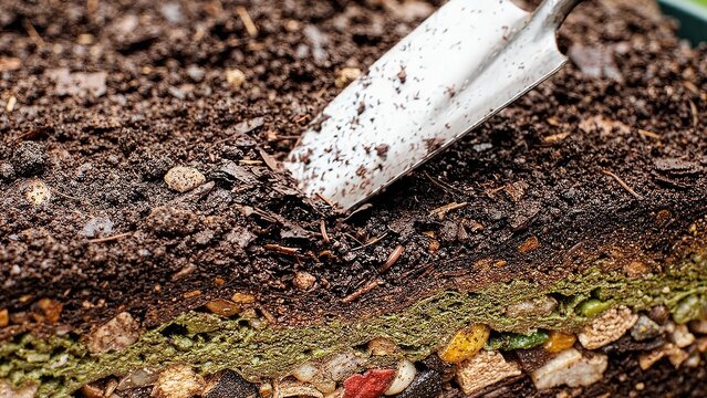 Close-up view of soil layers as a gardener uses a trowel to uncover worms and organic matter, showcasing the rich texture and biodiversity of the composting process
