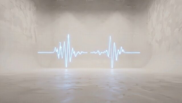 Neon blue heartbeat line pulses across a minimalist white wall, showcasing a continuous progression of rhythm and energy in a modern, clean space