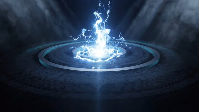 Bright blue energy vortex with swirling lightning and water effects, transitioning from a dynamic burst to a calm circular formation in a dark atmospheric setting