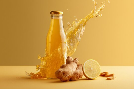 Ginger juice with lemon splashes from the bottle on a yellow surface