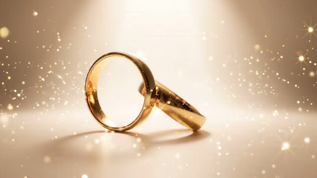 Golden wedding rings positioned elegantly on a soft surface, illuminated by sparkling light reflections creating a romantic atmosphere for celebrations and special occasions