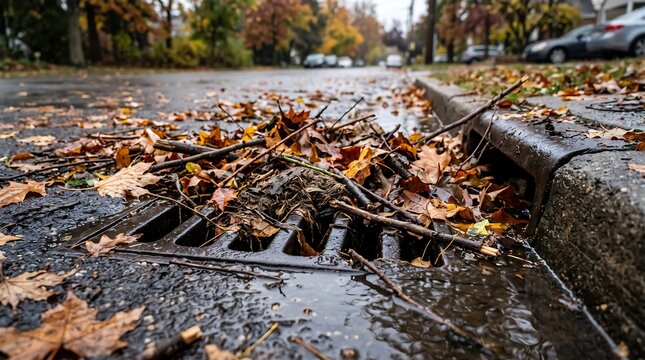 A metal storm drain grate on a suburban street covered with fallen autumn leaves during a rainy day