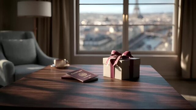 Paris, France, Europe. A still life photograph depicts a luxurious room with a panoramic view of the Eiffel Tower.
