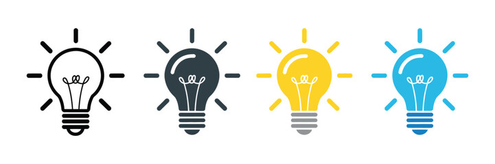 Light bulb icon set, idea, innovation and electric lamp symbols with glowing light, power and creativity concepts, clean vector illustration ©   
