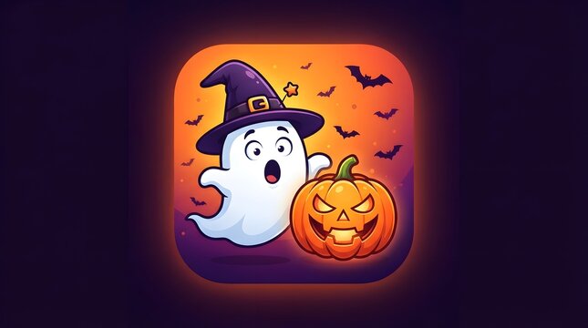 Cute cartoon ghost wearing a witch hat next to a carved jackolantern