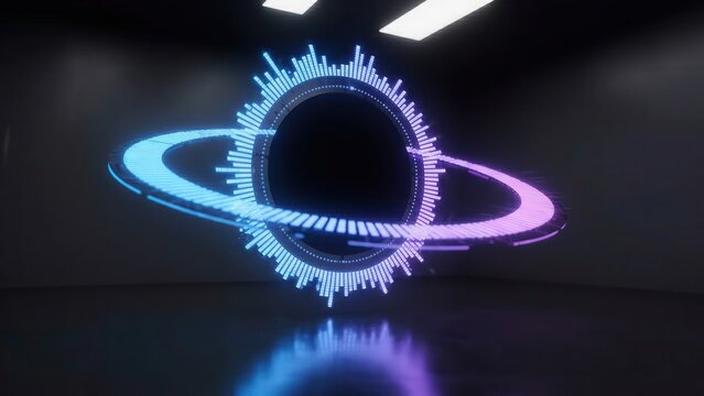 Colorful audio visualizer with circular waveform and glowing bars transitions through three frames in a modern, dark studio environment showcasing vibrant light patterns