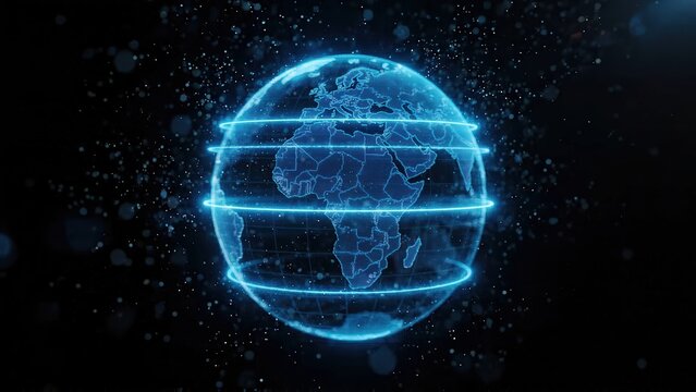 3D digital globe transitions from blue to orange and finally red, showcasing continents and illuminated lines, with a dark background filled with particles