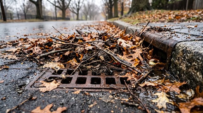 A clogged storm drain covered with fallen autumn leaves on a wet suburban street during the fall season