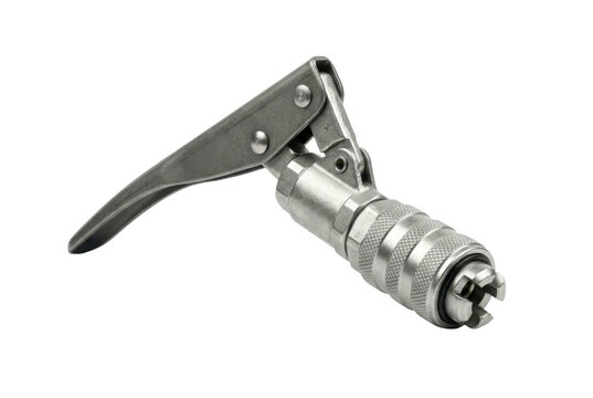 Metal grease gun coupler with lever on black background