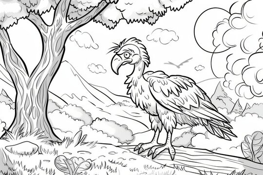 Cute vulture on a tree branch, printable kids coloring page with thick lines