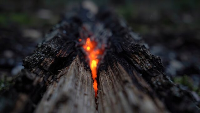 Burning logs with glowing embers and smoke rising, showcasing the progression of fire in a natural outdoor setting during twilight hours