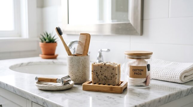 Eco friendly bathroom countertop essentials featuring bamboo accessories and natural skincare products in a bright modern home