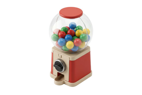Classic red gumball machine filled with colorful gum.