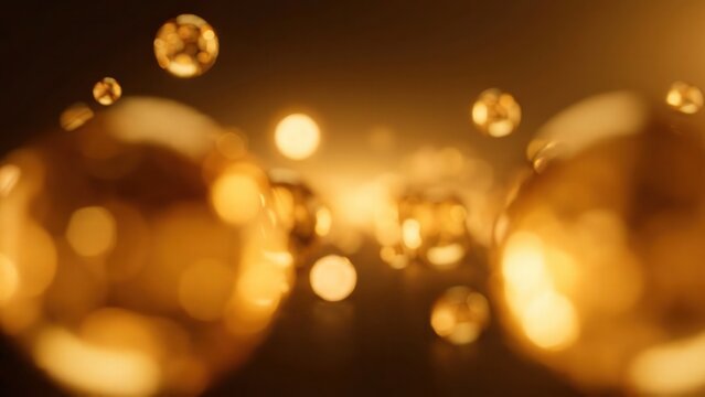 Golden spheres and bubbles float gracefully in a soft, illuminated environment, creating a mesmerizing visual effect with light reflections and depth perception