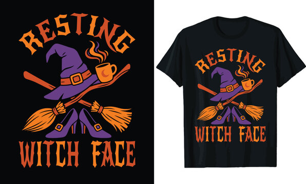 Resting Witch Face Halloween T-shirt Design, Funny Witch Hat with Coffee Mug, Broomstick, and Witch Shoes Illustration
