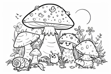 Fototapeta premium Group of cute mushrooms with snails, kids coloring page with bold outlines