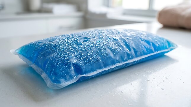 Cold gel pack for pain relief resting on a clean white countertop surface