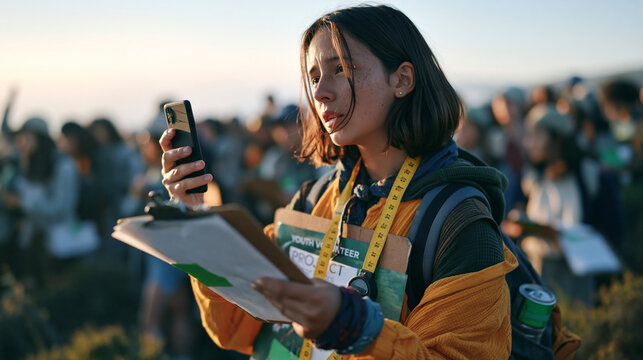 A teenager filming a short social media reel in early morning mist beside a youth volunteer project sign, dozens of peers gathering behind in soft fog, measuring tape and clipboards hinting at impac