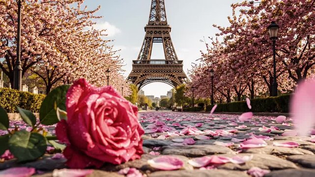 Close-up Pink Rose in a Paris Garden Path with Petals Scattered and the Eiffel Tower in the Background