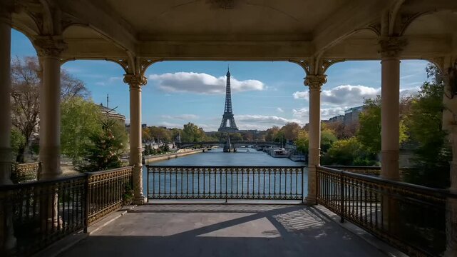 Paris, France, Europe. A panoramic view of the Eiffel Tower from a gazebo overlooking a serene river. The scene is bathed in the warm glow of autumn.