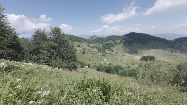 High-angle panoramic shot of Busa Novegno, a scenic alpine basin on Mount Novegno in Schio, Vicenza, Italy. The video showcases the lush green mountain pastures, winding dirt roads, and historical WW1