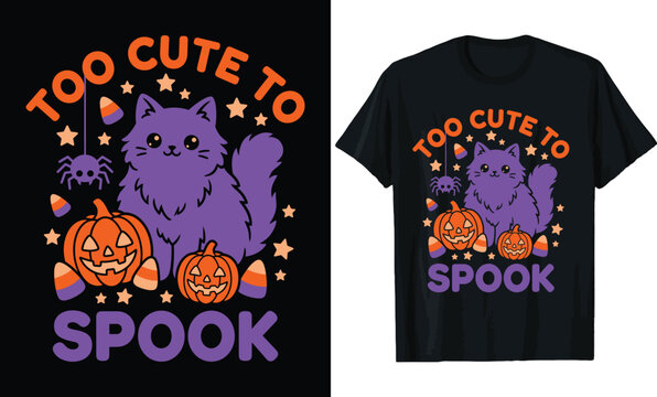 Too Cute To Spook Halloween T-shirt Design, Cute Purple Cat with Jack o Lanterns, Candy Corn, and Spider Illustration.