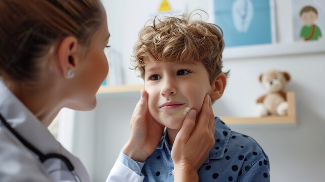 Realistic medical 3D illustration depicting mumps viral infection affecting human parotid salivary glands, swollen cheek and jaw symptoms, contagious viral childhood disease anatomy diagram for medica