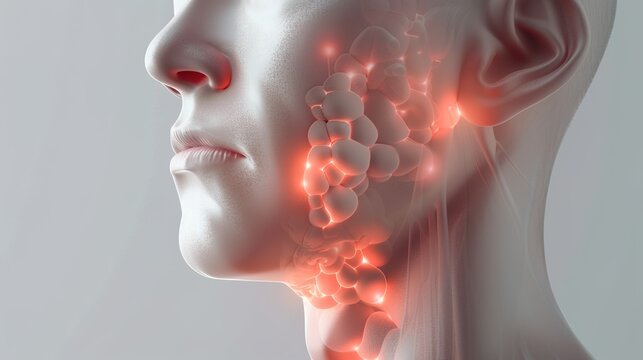 Realistic medical 3D illustration depicting mumps viral infection affecting human parotid salivary glands, swollen cheek and jaw symptoms, contagious viral childhood disease anatomy diagram for medica