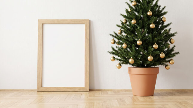 Christmas photo frame mockup with decorated tree in living room